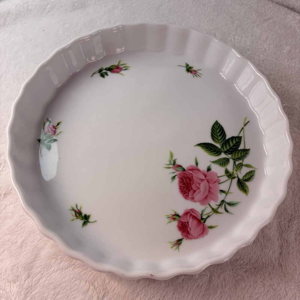 Vintage Christineholm Tart Dish Porcelain Rose Pattern Fluted Quiche Pie 9.5"